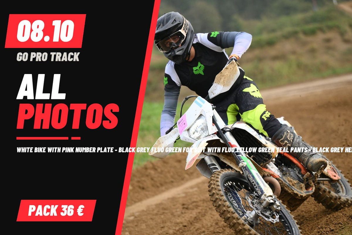 WHITE BIKE WITH PINK NUMBER PLATE - BLACK GREY FLUO GREEN FOX SUIT WITH FLUO YELLOW GREEN TEAL PANTS - BLACK GREY HELMET · 0 PACCHETTO – tutte le tue foto del 08/10